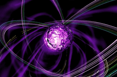 A purple ball has colorful strings of light looping around it at many different orientations