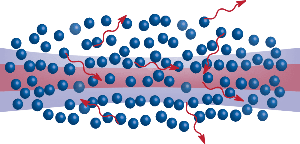 Blue spheres representing atoms cause light, represented by red squiggly lines to scatter. A laser beam is represented in the background.