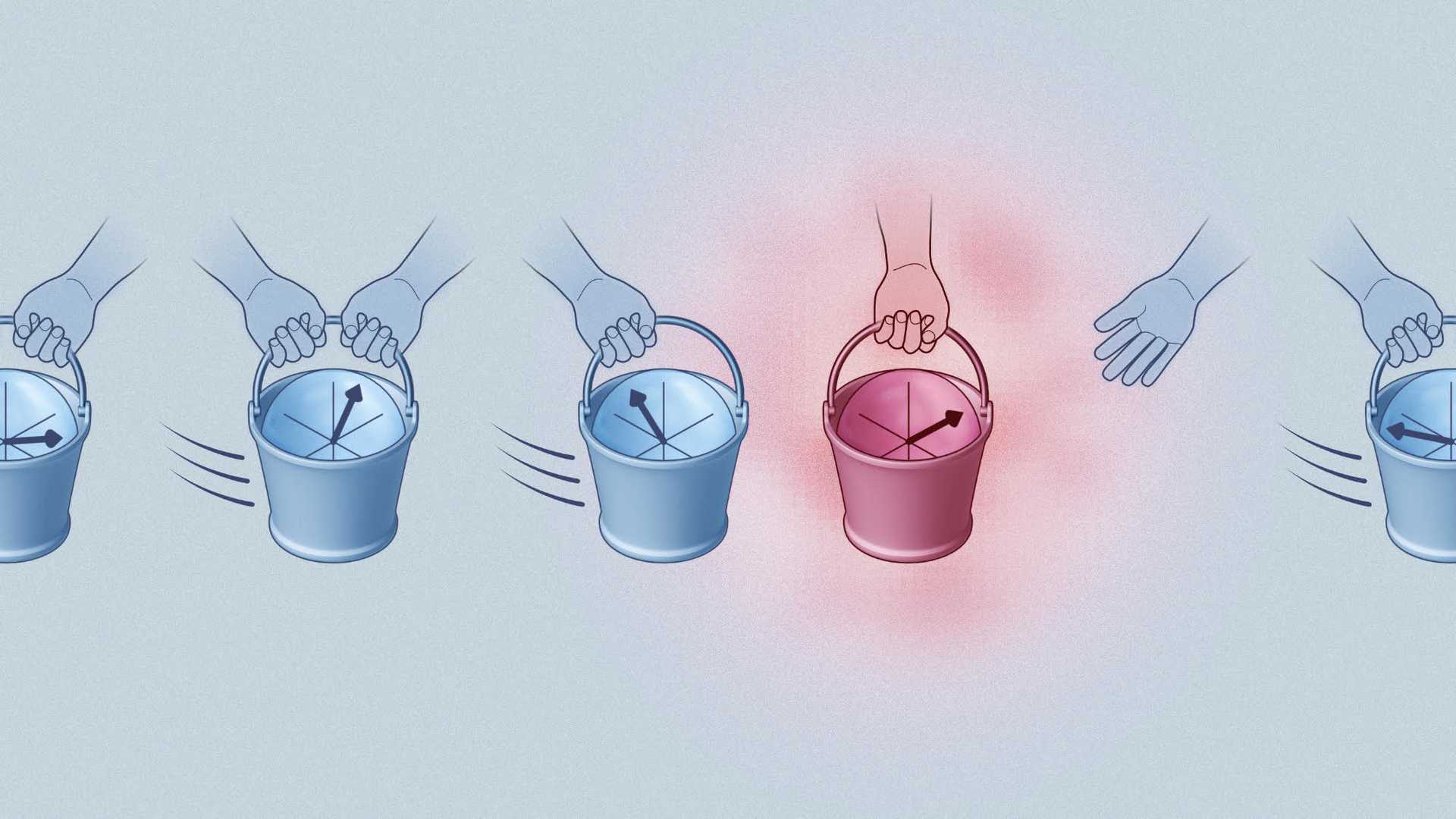 Hands pass buckets to the left containing spheres and arrows representing quantum states. Most are blue but one is red and is failing to move the bucket.